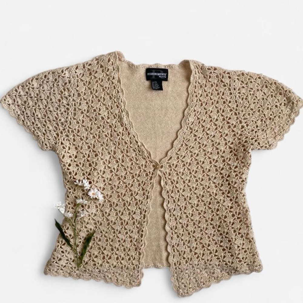 SOLDVintage boho tan crochet open front topSOLD